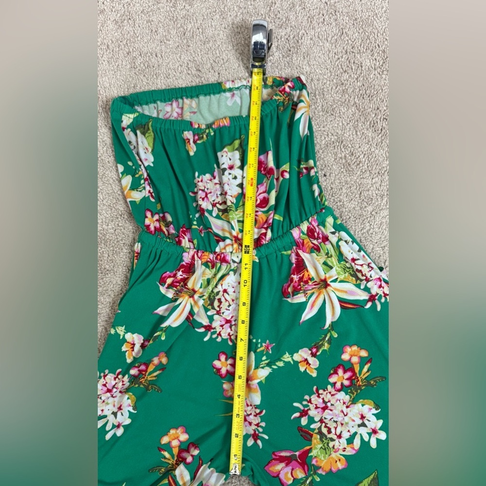Express Strapless Floral Jumpsuit | Tie Waist Belted | Green | XS - Picture 7 of 8
